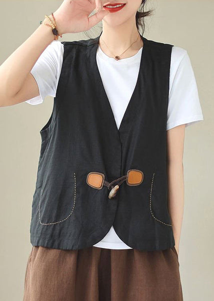 Waistcoat Linen Button Loose Neck V Orange Sleeveless FashionChic