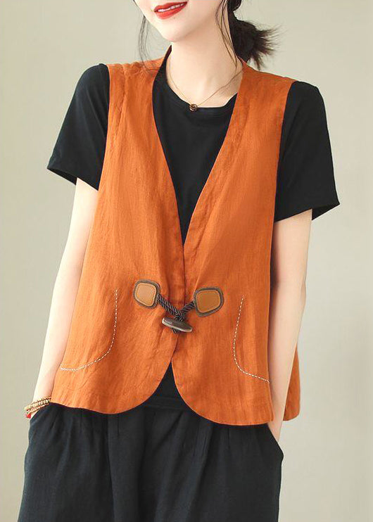 Waistcoat Linen Button Loose Neck V Orange Sleeveless FashionChic