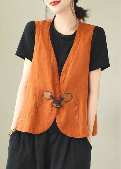 Waistcoat Linen Button Loose Neck V Orange Sleeveless FashionChic