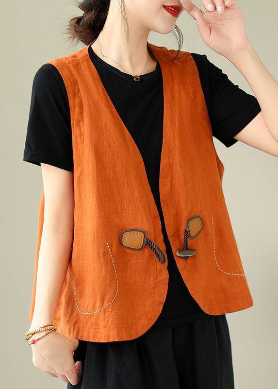 Neck Sleeveless Waistcoat Loose Linen V Button Orange FashionChic