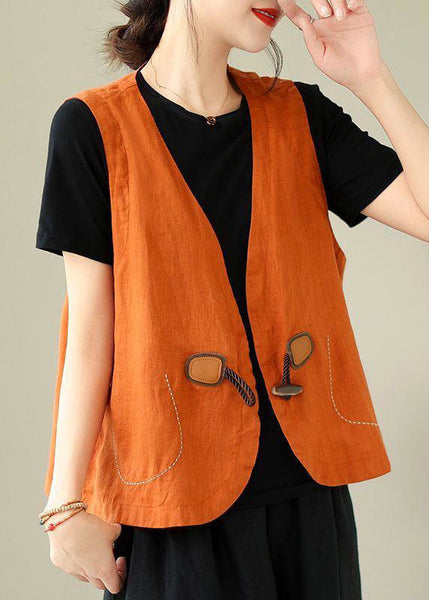 Waistcoat Linen Button Loose Neck V Orange Sleeveless FashionChic