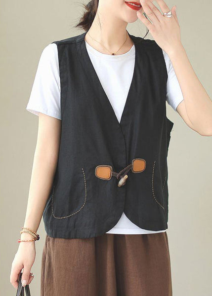 Waistcoat Linen Button Loose Neck V Orange Sleeveless FashionChic