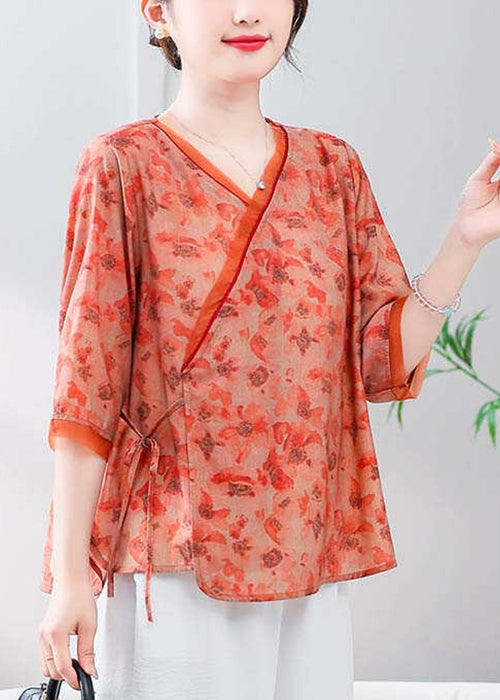 Loose Orange V Neck Print Linen Shirt Half Sleeve RE050 MZF-HTP240807