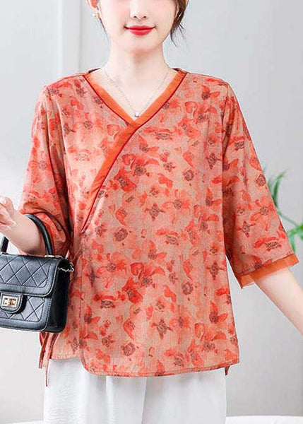 Loose Orange V Neck Print Linen Shirt Half Sleeve RE050 MZF-HTP240807
