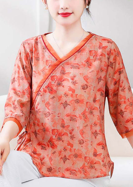Loose Orange V Neck Print Linen Shirt Half Sleeve RE050 MZF-HTP240807
