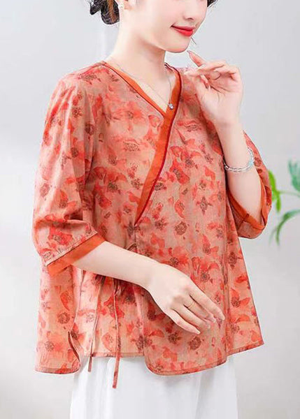 Loose Orange V Neck Print Linen Shirt Half Sleeve RE050 MZF-HTP240807