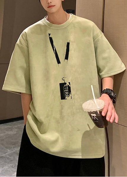 Shirts T Pea Summer Suede Faux Green Loose Neck O Men Print FashionChic