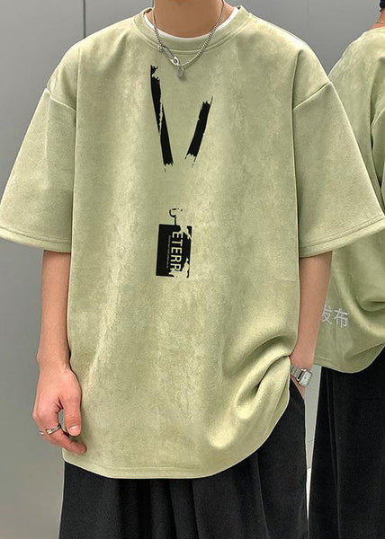 Shirts T Pea Summer Suede Faux Green Loose Neck O Men Print FashionChic
