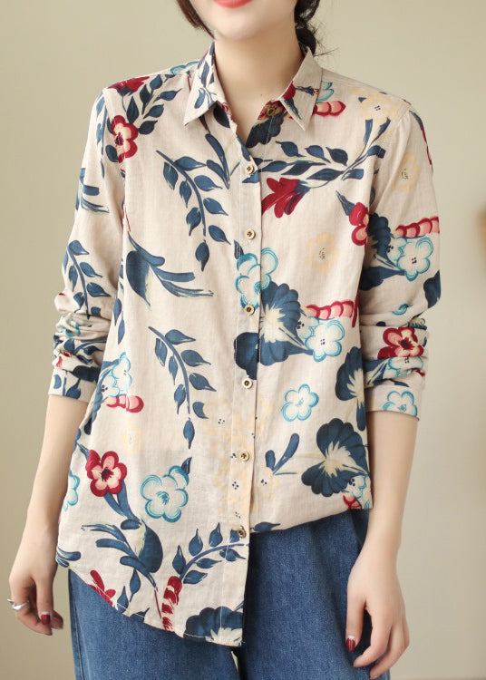Loose Peter Pan Collar Button Print Cotton Shirt Long Sleeve VV033 HS-LTP240627
