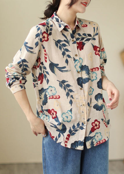 Loose Peter Pan Collar Button Print Cotton Shirt Long Sleeve VV033 HS-LTP240627