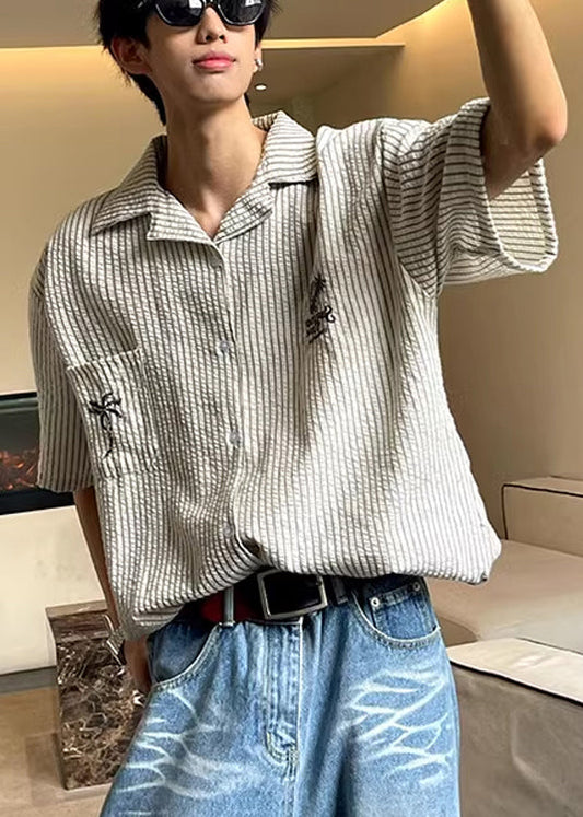 Collar Mens Shirts Pan Summer Striped Peter Loose Cotton Pockets FashionChic