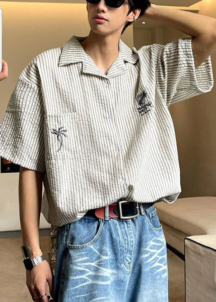 Collar Mens Shirts Pan Summer Striped Peter Loose Cotton Pockets FashionChic