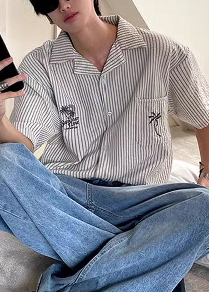 Collar Mens Shirts Pan Summer Striped Peter Loose Cotton Pockets FashionChic