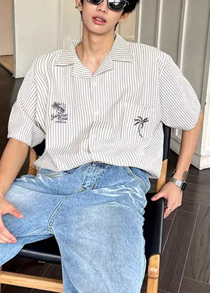 Collar Mens Shirts Pan Summer Striped Peter Loose Cotton Pockets FashionChic