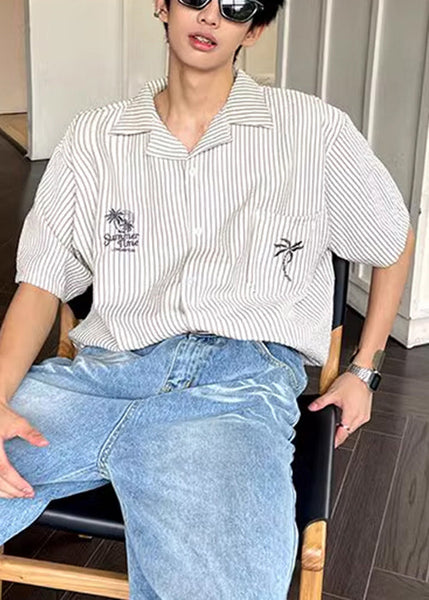 Collar Mens Shirts Pan Summer Striped Peter Loose Cotton Pockets FashionChic