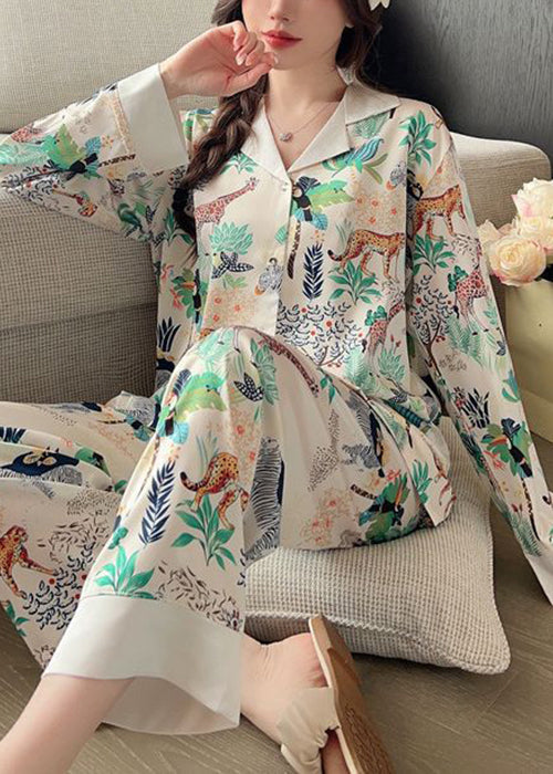 Loose Photo Color Peter Pan Collar Print Ice Silk PajamasTwo Pieces Set Spring YK006 ABC
