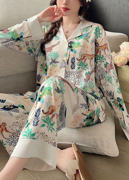 Loose Photo Color Peter Pan Collar Print Ice Silk PajamasTwo Pieces Set Spring YK006 ABC