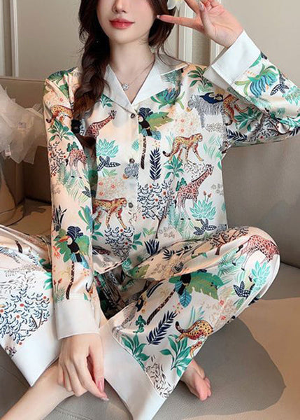 Loose Photo Color Peter Pan Collar Print Ice Silk PajamasTwo Pieces Set Spring YK006 ABC