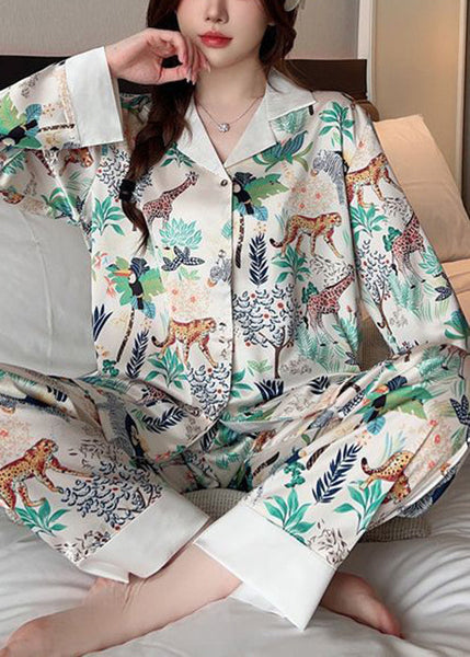 Loose Photo Color Peter Pan Collar Print Ice Silk PajamasTwo Pieces Set Spring YK006 ABC