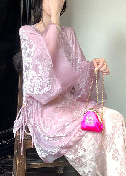 Loose Pink Button Lace Up Silk Velour Shirts Fall WY027 OM-OL241106