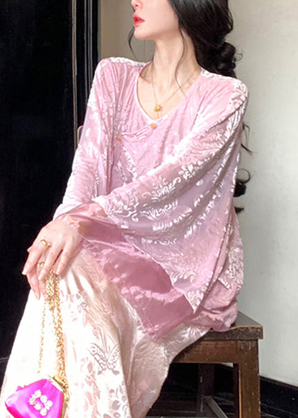 Loose Pink Button Lace Up Silk Velour Shirts Fall WY027 OM-OL241106