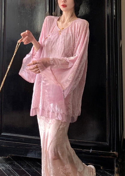 Loose Pink Button Lace Up Silk Velour Shirts Fall WY027 OM-OL241106