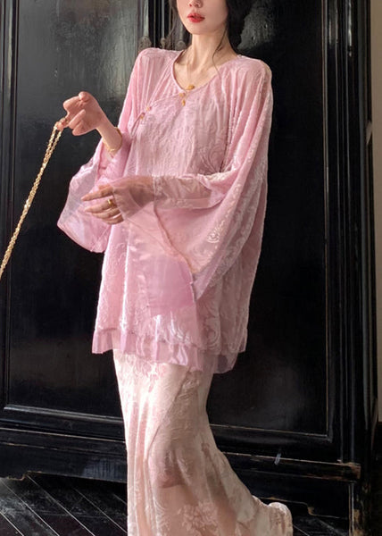 Loose Pink Button Lace Up Silk Velour Shirts Fall WY027 OM-OL241106