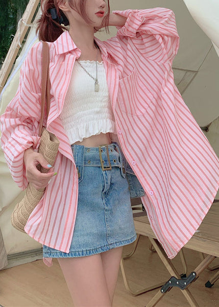 Loose Pink Button Pockets Cotton Blouses Long Sleeve RE013 MZF-LTP240807