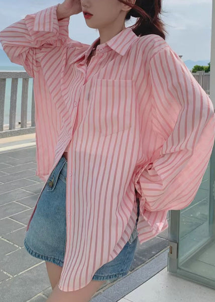 Loose Pink Button Pockets Cotton Blouses Long Sleeve RE013 MZF-LTP240807