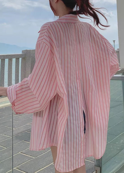 Loose Pink Button Pockets Cotton Blouses Long Sleeve RE013 MZF-LTP240807