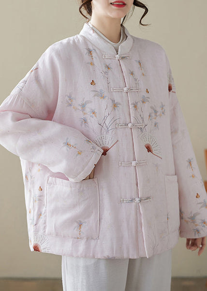 Loose Pink Button Print Pockets Winter Thick Coats QG021 OM-DJK241016