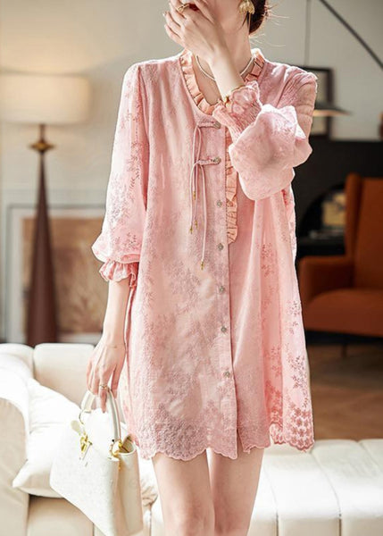 Loose Pink Embroidered Ruffled Button Cotton Shirts Dress Butterfly Sleeve RZ039 ABC