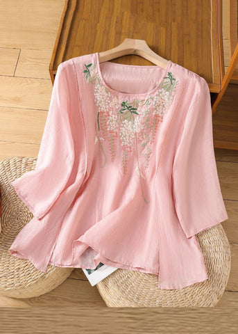 Embroidered Linen Loose Solid Bracelet Pink Sleeve Shirt T FashionChic