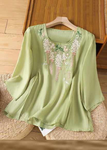 Embroidered Linen Loose Solid Bracelet Pink Sleeve Shirt T FashionChic