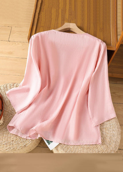 Embroidered Linen Loose Solid Bracelet Pink Sleeve Shirt T FashionChic