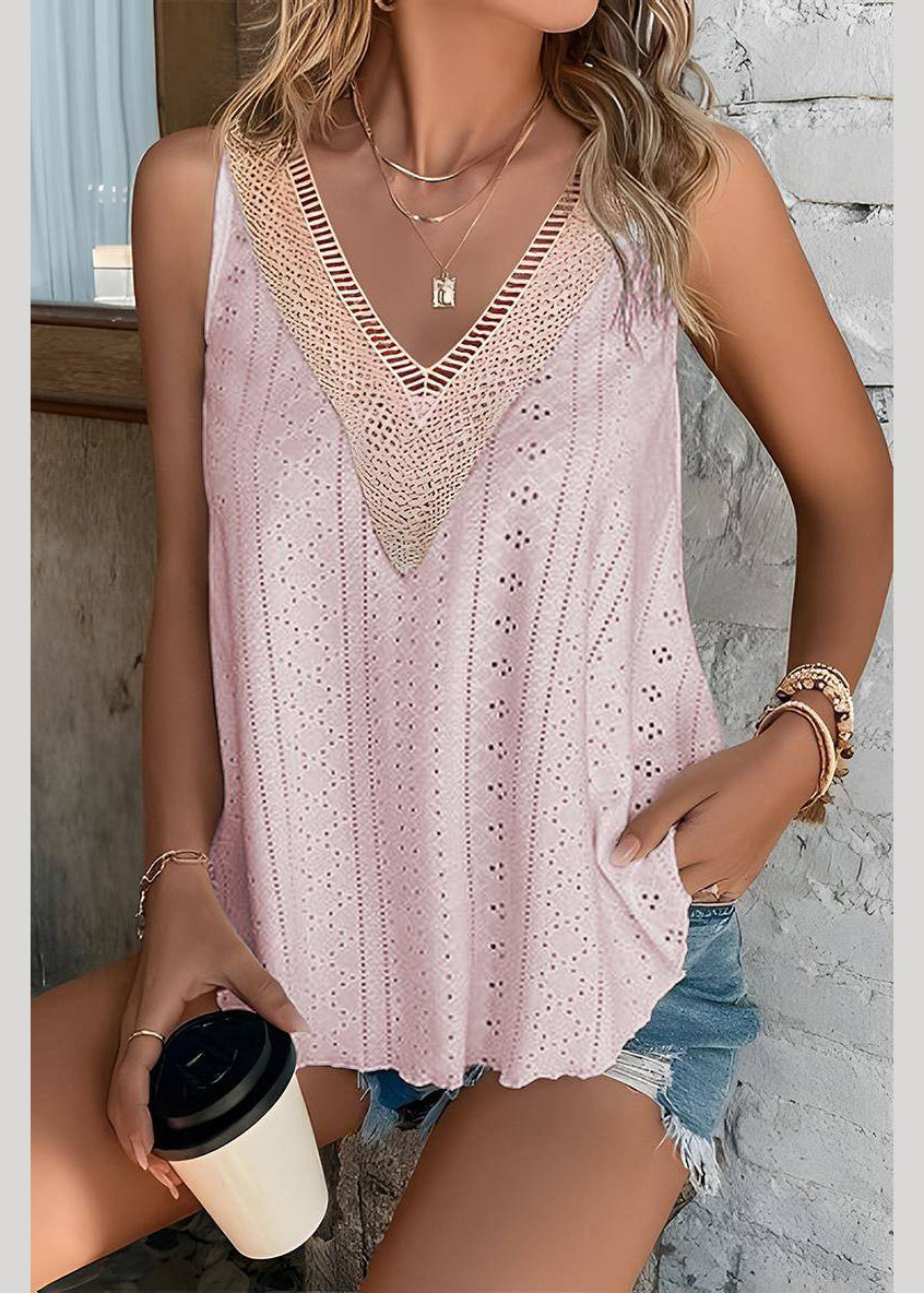 Sleeveless Hollow Out Pink Tank Loose Thin FashionChic