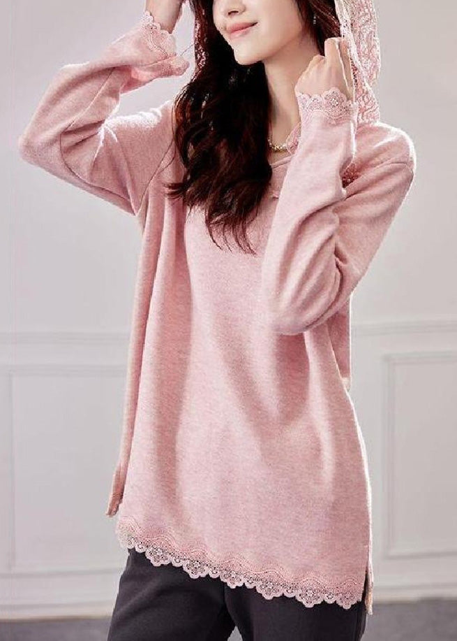 Hooded Knit Patchwork Shirt Tops Loose Pink Lace Spring FashionChic