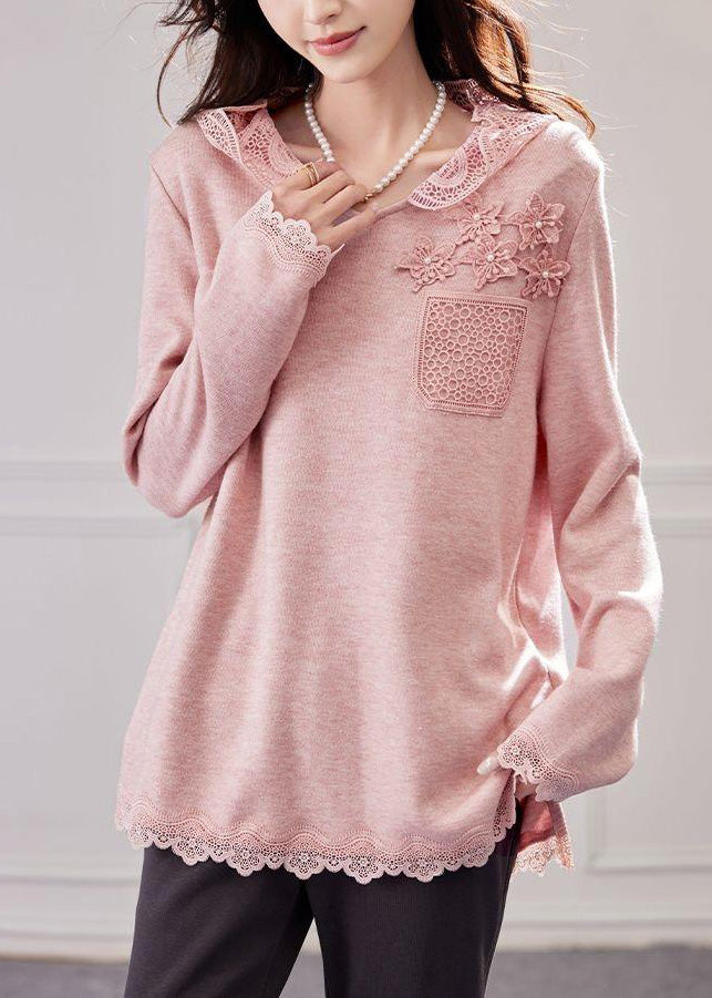 Hooded Knit Patchwork Shirt Tops Loose Pink Lace Spring FashionChic