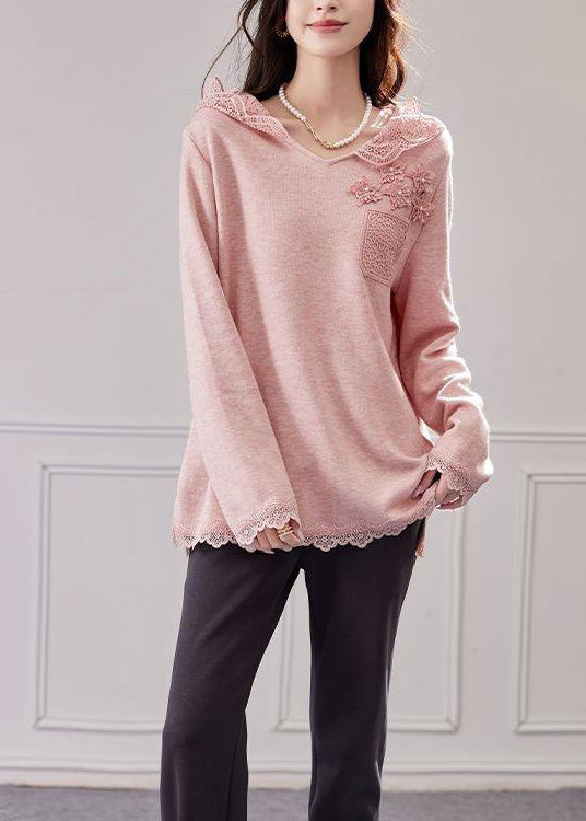 Hooded Knit Patchwork Shirt Tops Loose Pink Lace Spring FashionChic