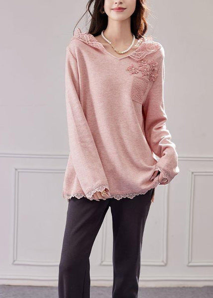 Hooded Knit Patchwork Shirt Tops Loose Pink Lace Spring FashionChic