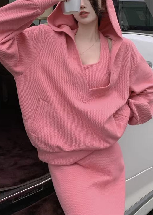 Loose Pink Hooded Pockets Tops And Dress Cotton Two Pieces Set Spring YT001 ABC