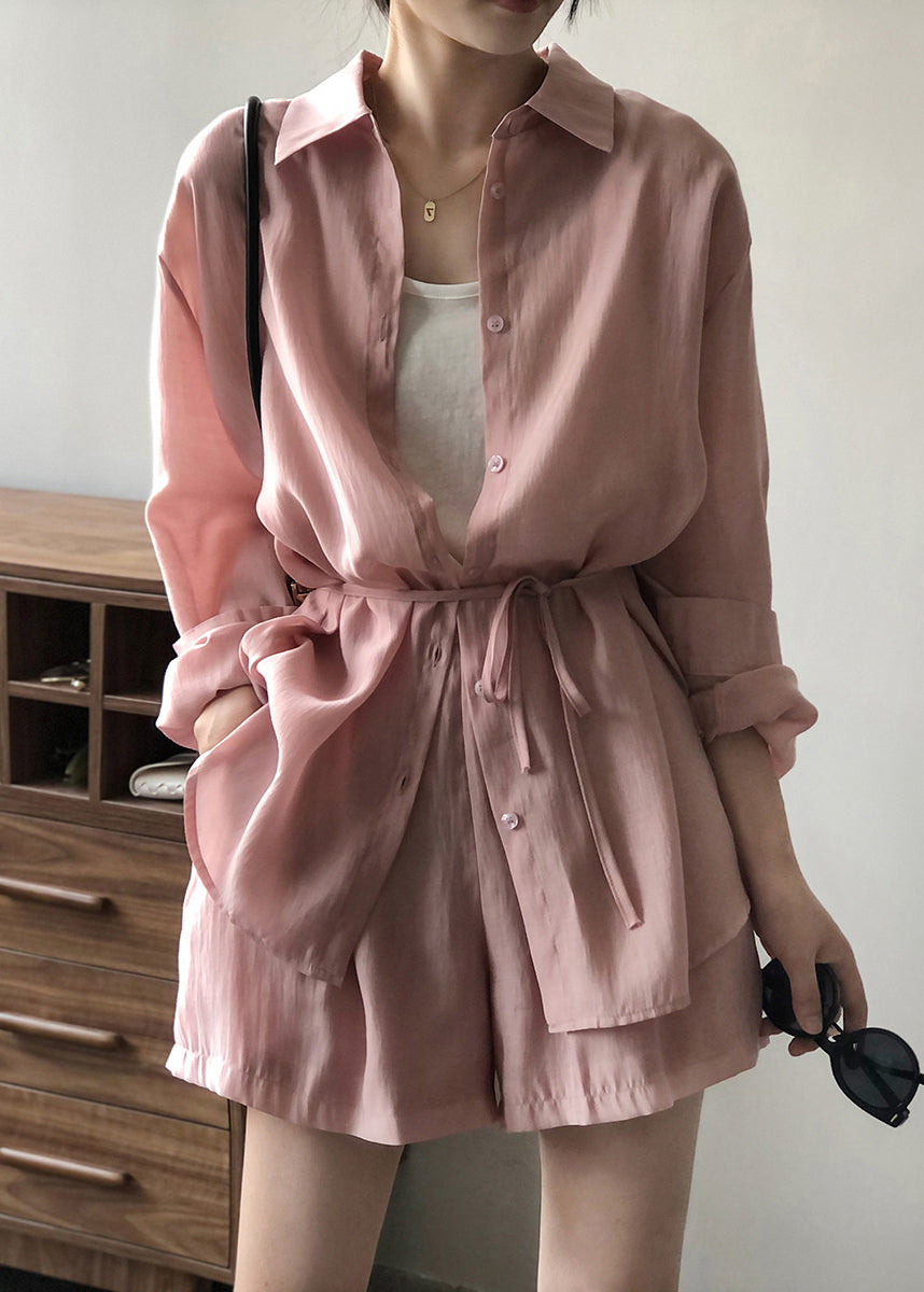 Loose Pink Lace Up Pockets Shirts And Shorts Silk Two Pieces Set Spring MZF-TPIEC250315