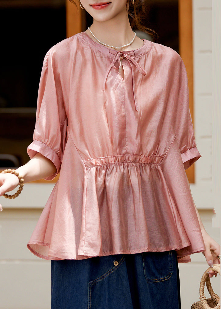 Loose Pink O-Neck Patchwork Wrinkled Lace Tie Silk Shirt Summer WW054 OL-STP240812