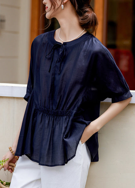 Loose Pink O-Neck Patchwork Wrinkled Lace Tie Silk Shirt Summer WW054 OL-STP240812