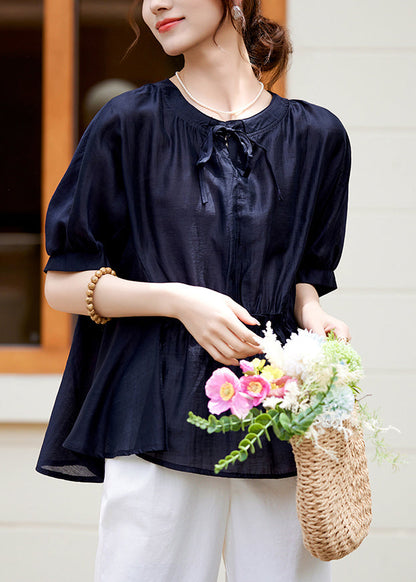 Loose Pink O-Neck Patchwork Wrinkled Lace Tie Silk Shirt Summer WW054 OL-STP240812