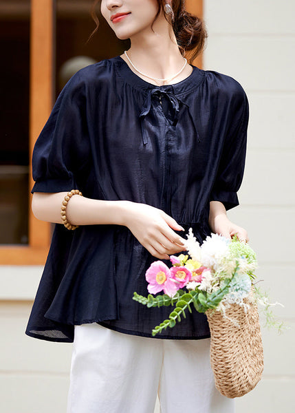 Loose Pink O-Neck Patchwork Wrinkled Lace Tie Silk Shirt Summer WW054 OL-STP240812