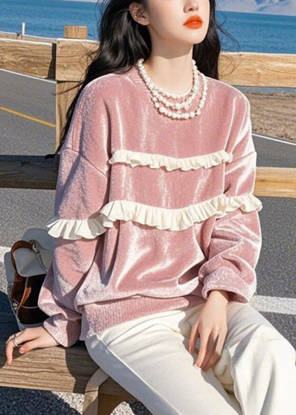 Loose Pink O-Neck Ruffled Silk Velour T Shirts Winter WK020 OM-SW241119
