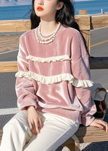 Loose Pink O-Neck Ruffled Silk Velour T Shirts Winter WK020 OM-SW241119