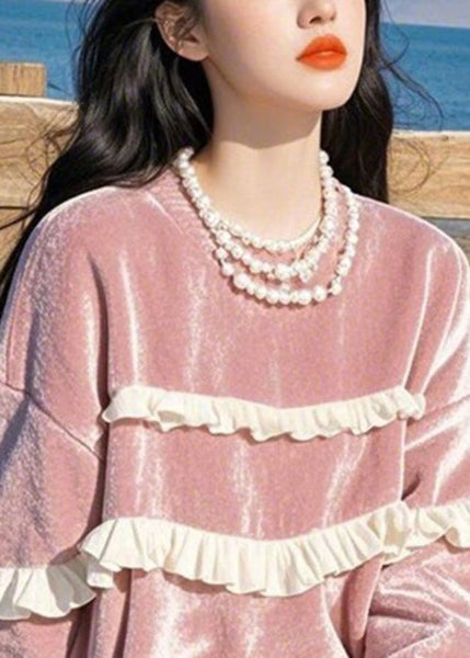 Loose Pink O-Neck Ruffled Silk Velour T Shirts Winter WK020 OM-SW241119