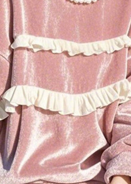 Loose Pink O-Neck Ruffled Silk Velour T Shirts Winter WK020 OM-SW241119